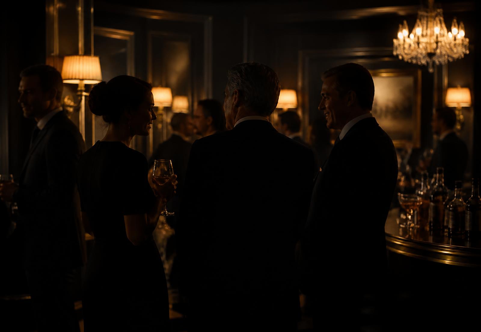 Members in conversation at a private evening gathering